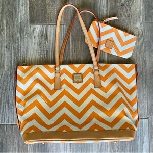 Dooney and Bourke Orange and White Chevron Leather Tote Bag with Mini Bag